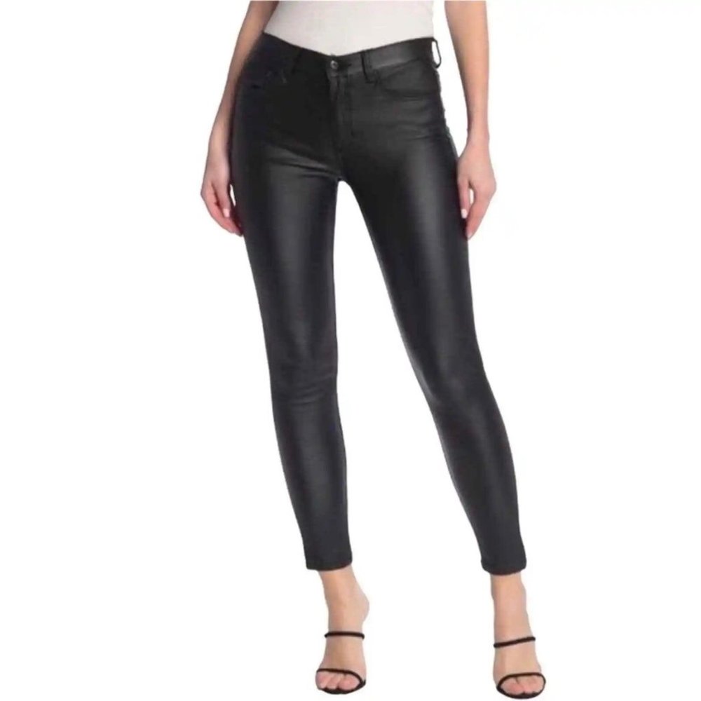 Sneak Peek Womens Black Mid Rise Coated Skinny Jeans Faux Leather size 29